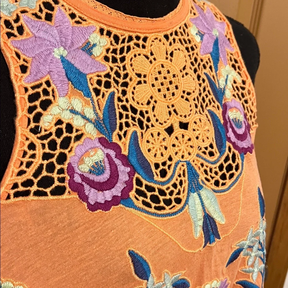 Free People Coral Crochet Neck Floral Embroidered Sleeveless Top
